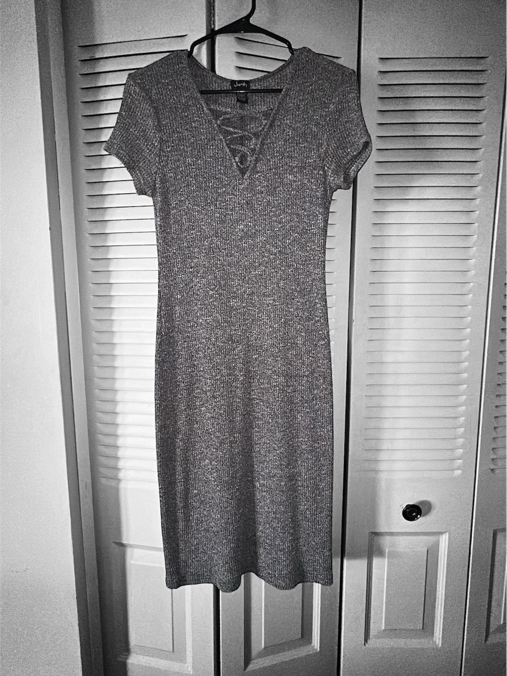 Justify Gray Ribbed Lace-Up V-Neck long  Dress